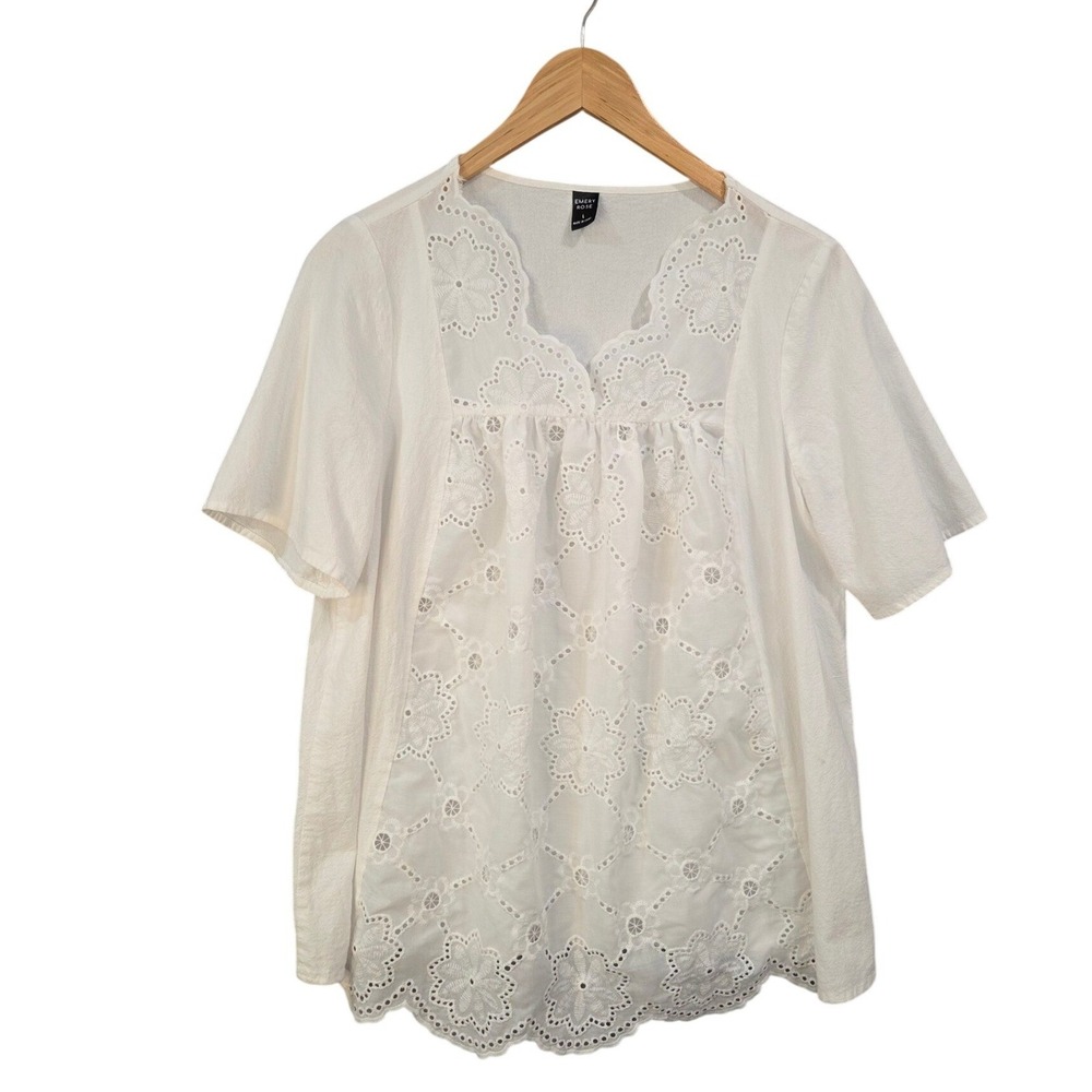 Emery Rose White Blouse L Eyelet Lace Embroidered Scalloped Boho Top Summer